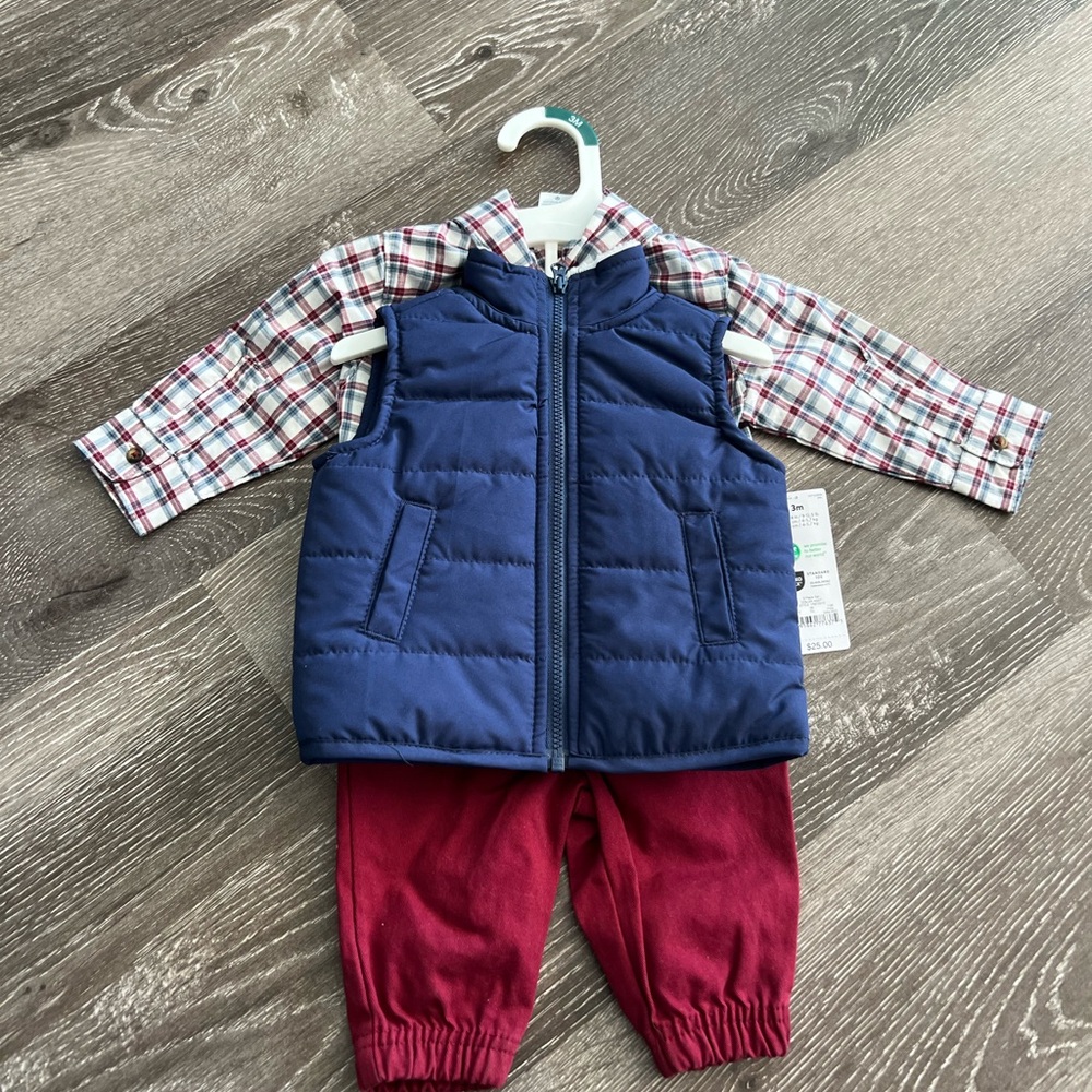 Carters‎ Plaid Shirt with Navy Vest and Red Pants Set 3 months